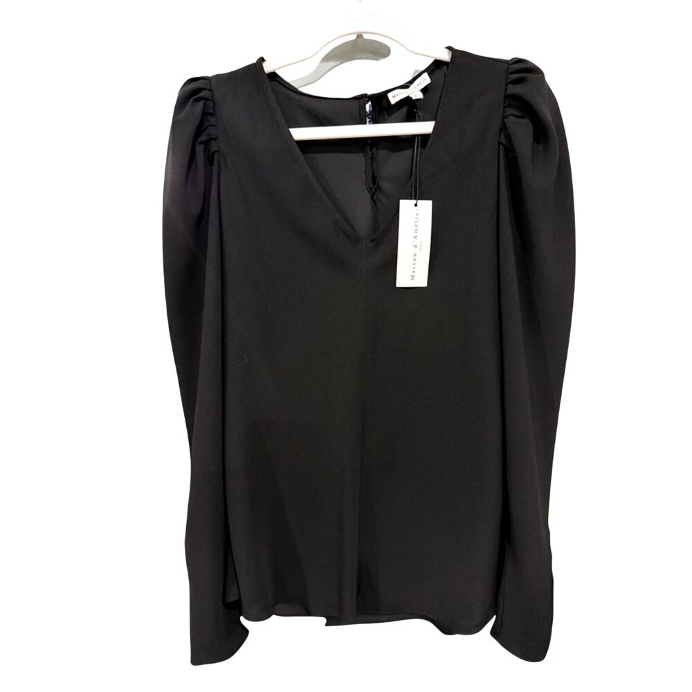 Maison d’Amelie Womens Black V-Neck Puff Sleeve Blouse |L